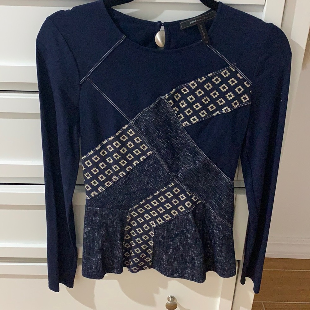 BCBGMaxazria Navy Blue and White Long Sleeve Top